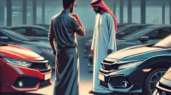 Man inspecting Honda Civic and Toyota Corolla for comparison in UAE